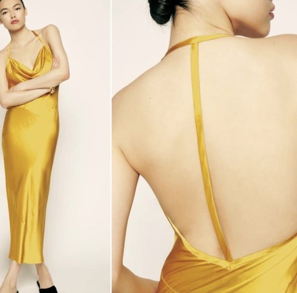 Reformation Torin 100% Silk Dress L Turmeric Yellow Cowl Neck Bias Cut Maxi